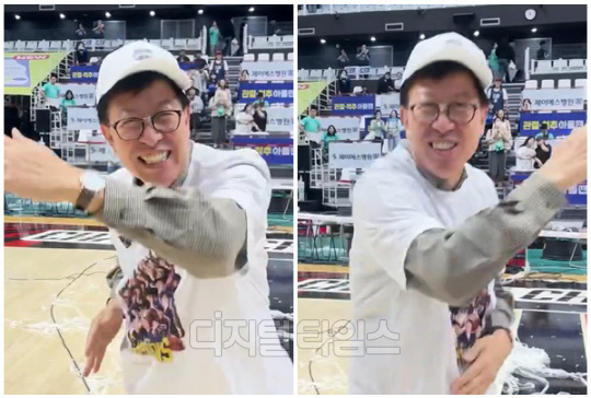 박형준 부산시장이 지난 5일 부산을 연고로하는 남자프로농구단 KCC 이지스가 우승하자 축하 세리머니 댄스를 선보였다. <박형준 SNS>